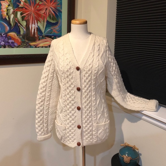 Fisherman Cable Sweater V-Neck Cardigan in Natural Creamy Wool by Almar Knits - Picture 1 of 13